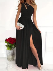 Solid One Shoulder Split Aline Dress, Elegant Ruffle Hem Sleeveless Asymmetrical Dress For Club & Party, Women's Clothing