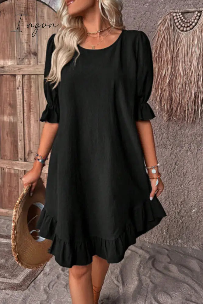Ingvn - Casual Simplicity Solid Asymmetrical O Neck A Line Dresses