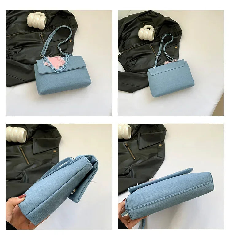 Ingvn  Sweet Pink Star Women's Denim Shoulder Bag Chain Handle Ladies Clutch Crossbody Bags Simple Hot Girls Square Tote Purse Handbags