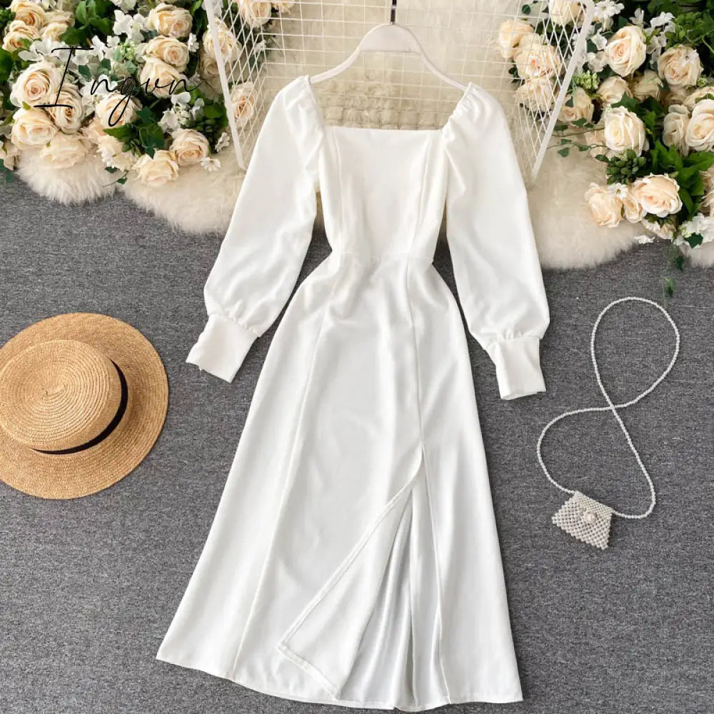Ingvn - Women Autumn New Split Dress French Retro Square Collar Waist Hugging Slim Puff Sleeve Beading Midi Dress Female Vestidos PL487