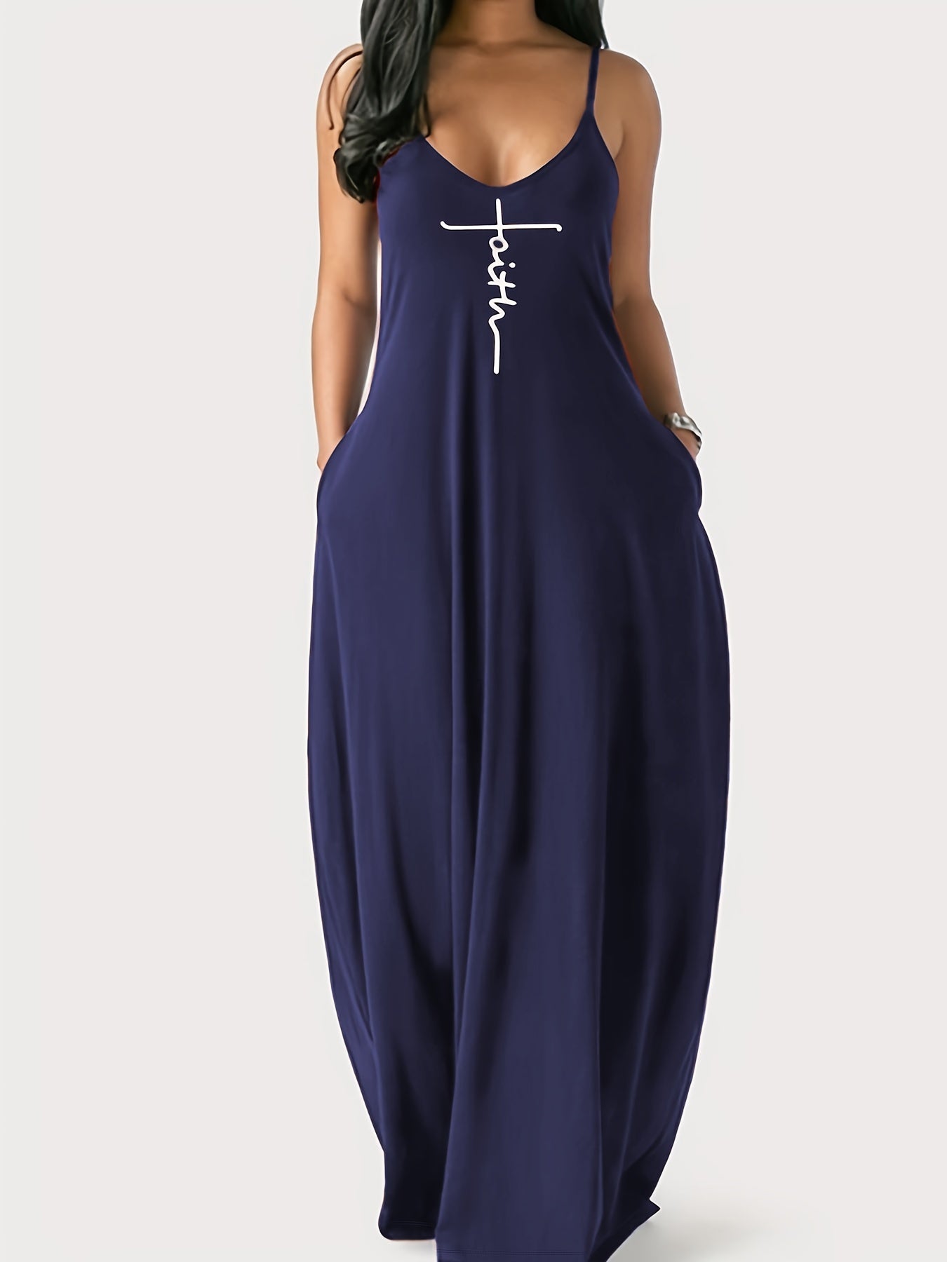 Faith Print Backless Spaghetti Strap Dress - Stylish V Neck Loose Fit for Women - Versatile Casual Summer Wear