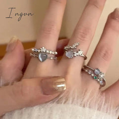 3pcs New Arrived Romantic Cute Blue Heart Ring for Women Exquisite Jewelry Set Ring Micro Flower Zircon Party Dating Accessories