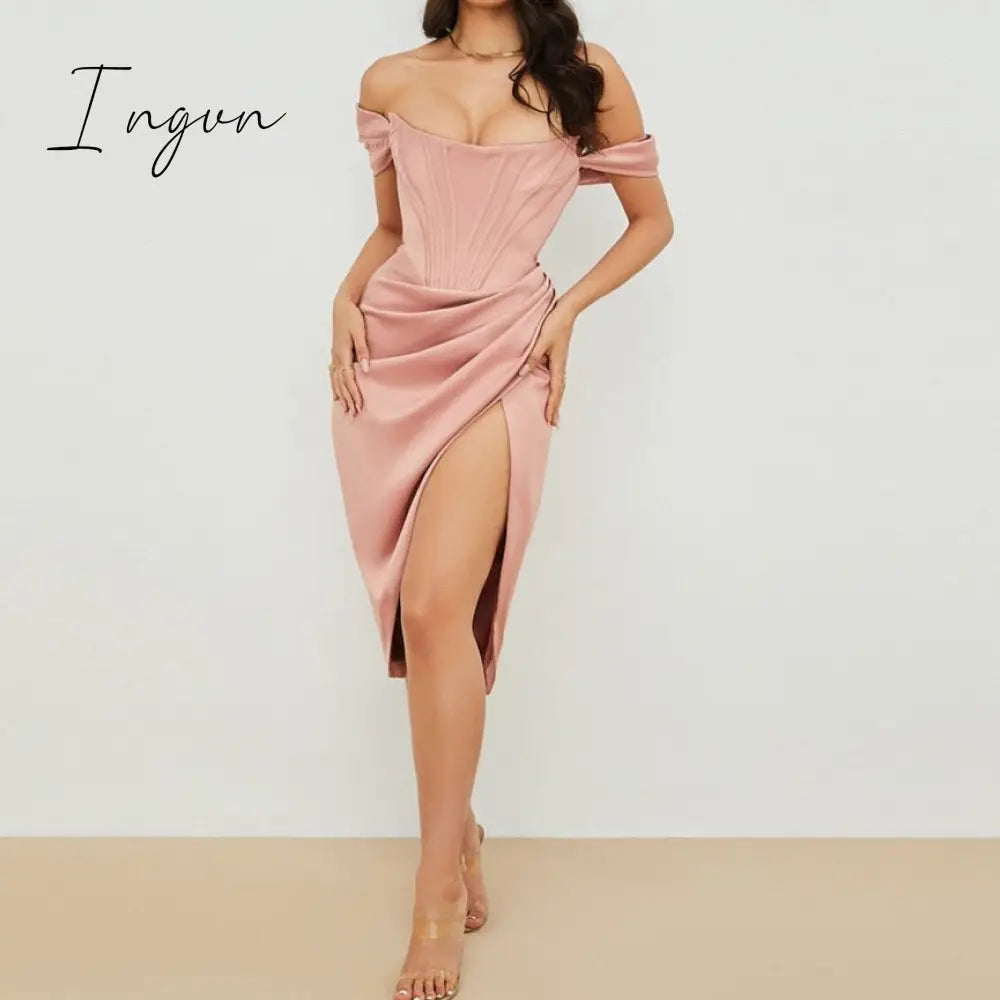 Ingvn - High Quality Satin Bodycon Dress Women Party Dress New Arrivals Midi House of Cb Bodycon Dress Celebrity Evening Club Dress