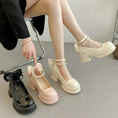 Fashionable Versatile Women's Shoes Spring New Style French Pearl Thick Heel Small Leather Shoes Polyamide Sole Rubber Upper