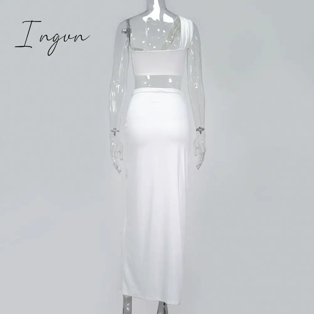 Ingvn - 2023 Fashion Trends Sexy Strapless Wrap Top and Split Maxi Skirts Fall Sleeveless Outfit Two Piece Set Night Club Party Matching Set