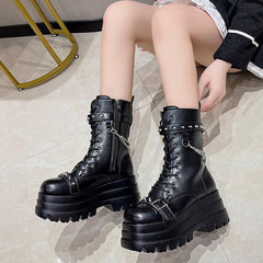Autumn Winte Punk Halloween Witch Cosplay Platform High Wedges Heels Black Gothic Boots Women Shoes Big Size 42 Rivet Shoe