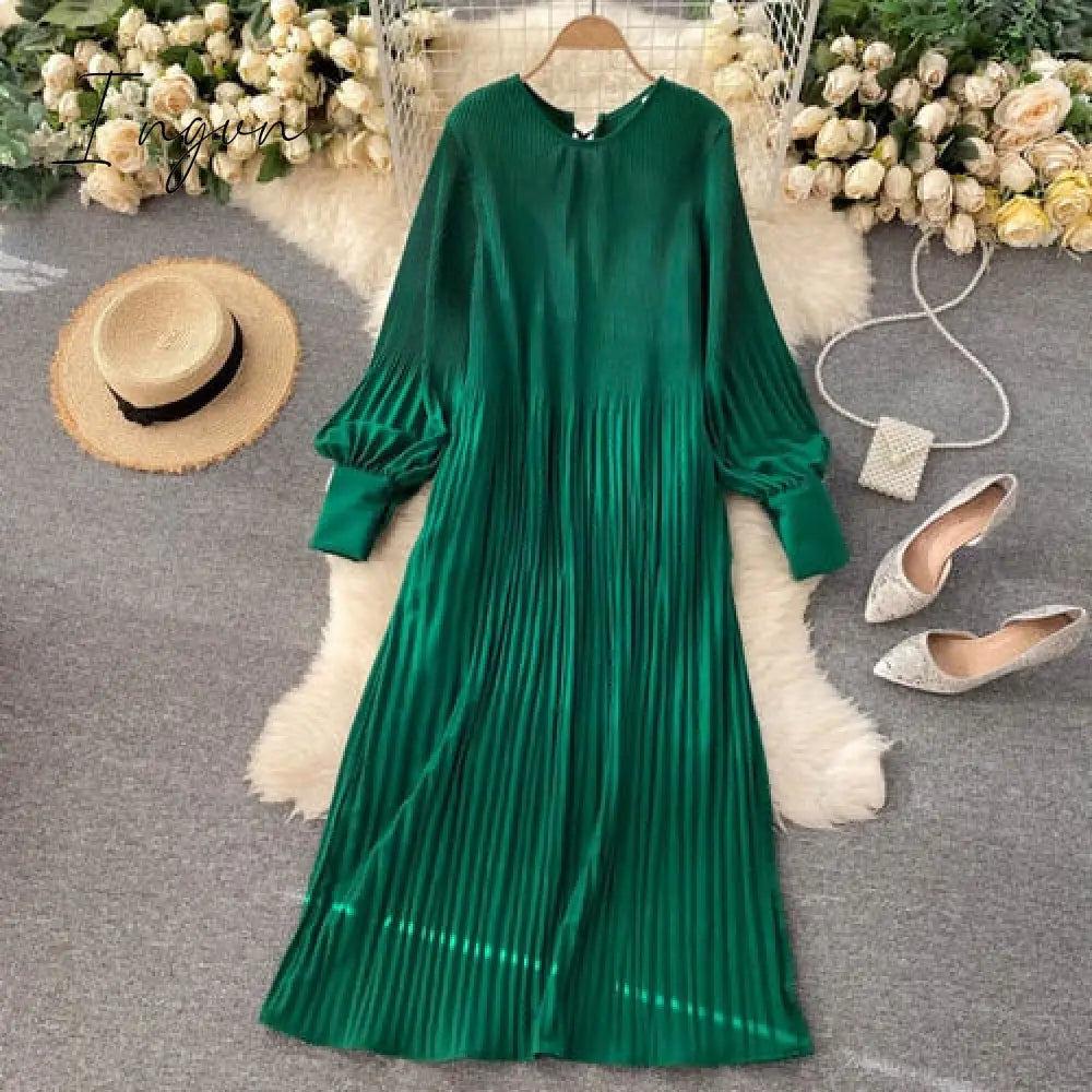 Ingvn - Vintage Pleated Chiffon Long Dress Women Casual Solid Pink/Green/Red O-Neck Draped Slim Vacation Vestidos Autumn Robe New