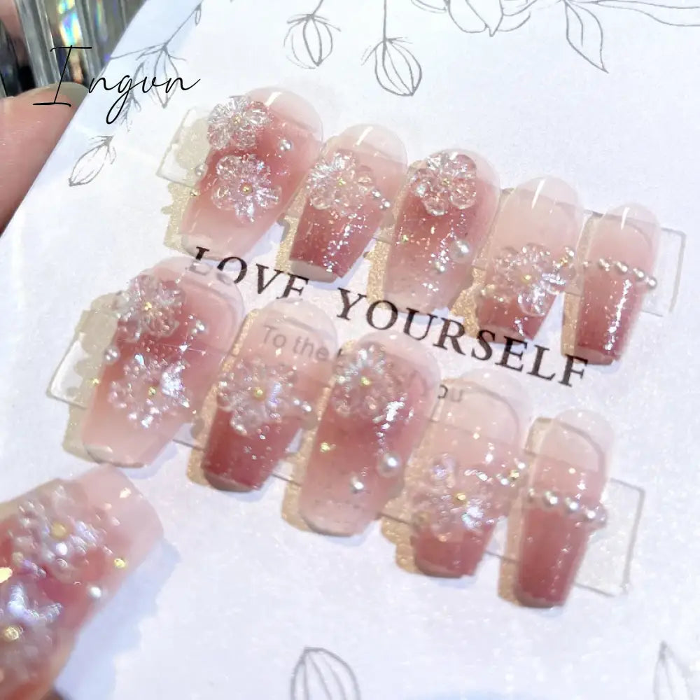 Glitter Fairy Rhinestone False nail Tips for Bride lady Wearable Sweet Crystal Design Press on Nails Mid Length Fake Nail Patch