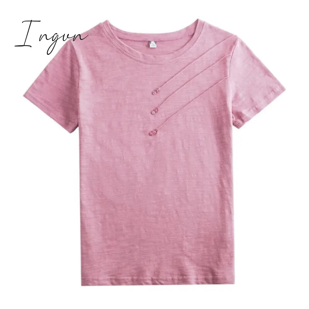 Ingvn - Short Sleeve Summer Women Ribbed Cotton Tee-Shirts Female Button Loose Casual Fashion T-shirts Blue O-Neck Korea Tops S-3XL