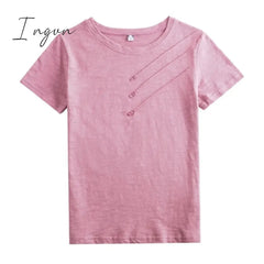 Ingvn - Short Sleeve Summer Women Ribbed Cotton Tee-Shirts Female Button Loose Casual Fashion T-shirts Blue O-Neck Korea Tops S-3XL