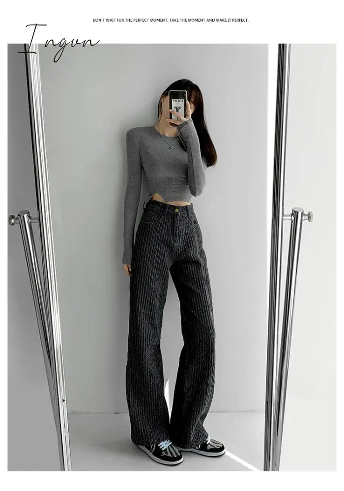 Ingvn - Women Jeans High Waist Casual Streetwear y2k Baggy Office Lady New Fashion Korean Denim Trousers Female Straight Wide Leg Pants