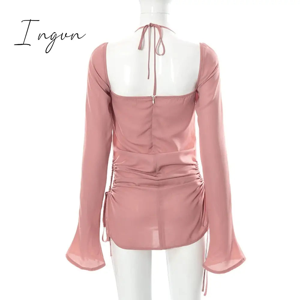 Ingvn - Going Out Outfits Spring Elegant Cut Out Halter Bodycon Mini Dress Women Sexy Flare Long Sleeve Drawstring Backless Party Dresses