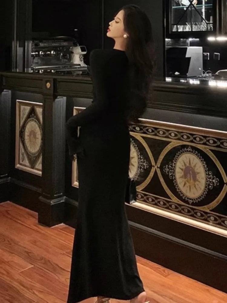 Autumn Lace Patchwork Mermaid Dress Women Elegant V-Neck Long Flare Sleeve Slim Bodycon Vestidos Vintage Chic Evening Party Robe