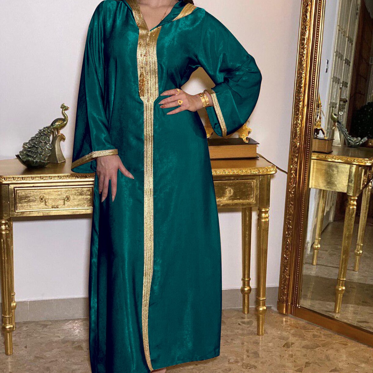 Muslim Abaya Dress for Women Fall  Champagne Moroccan Kaftan Hooded Robe Turkish Islamic Jalabiya