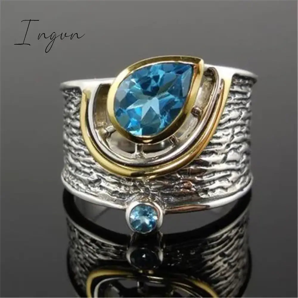 Ingvn - New Vintage Design Women Finger Rings Cocktail Party Ring Blue Water Drop Stone Noble Retro Large Accessories Ring Anillo
