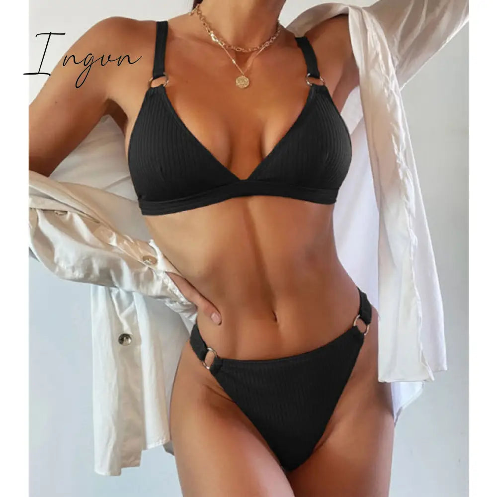 Ingvn - New Sexy Ribbed Ring Bikinis Swimsuit Women Push Up Swimwear Solid Bikini Set Summer Beach Brazil Biquini Swim Bathing Suit