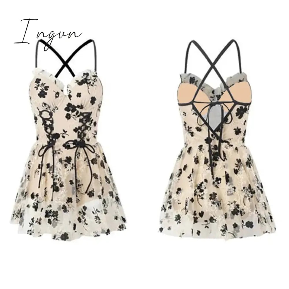 Ingvn - Backless Dress Women Lace Sexy Short Embroidery Mini Y2k Push Up Dress with Flowers Korean Dress Summer Gothic Party