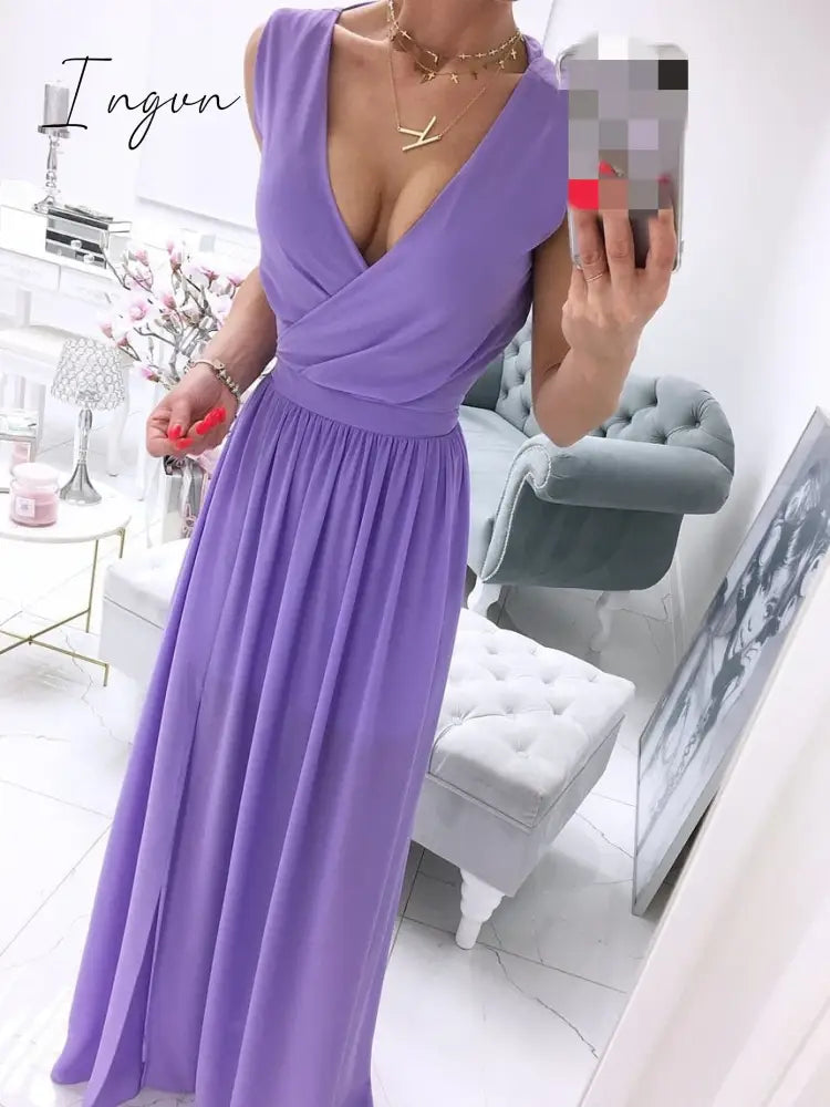 Ingvn - Sexy Long Evening Dress Elegant Dress For Women V-neck Side Split Party Dresses Female Summer Fashion Casual Club Ladies Clothes