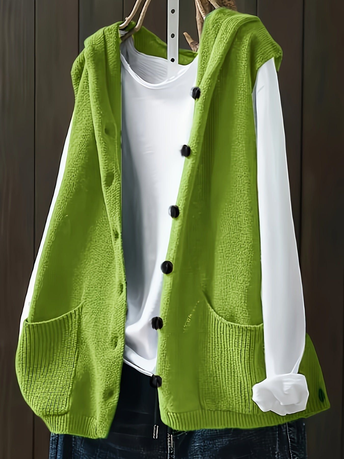 Women's Plus Size Solid Button Front Sleeveless Knitted Hooded Cardigan with Pockets, Casual Plus Size Clothing