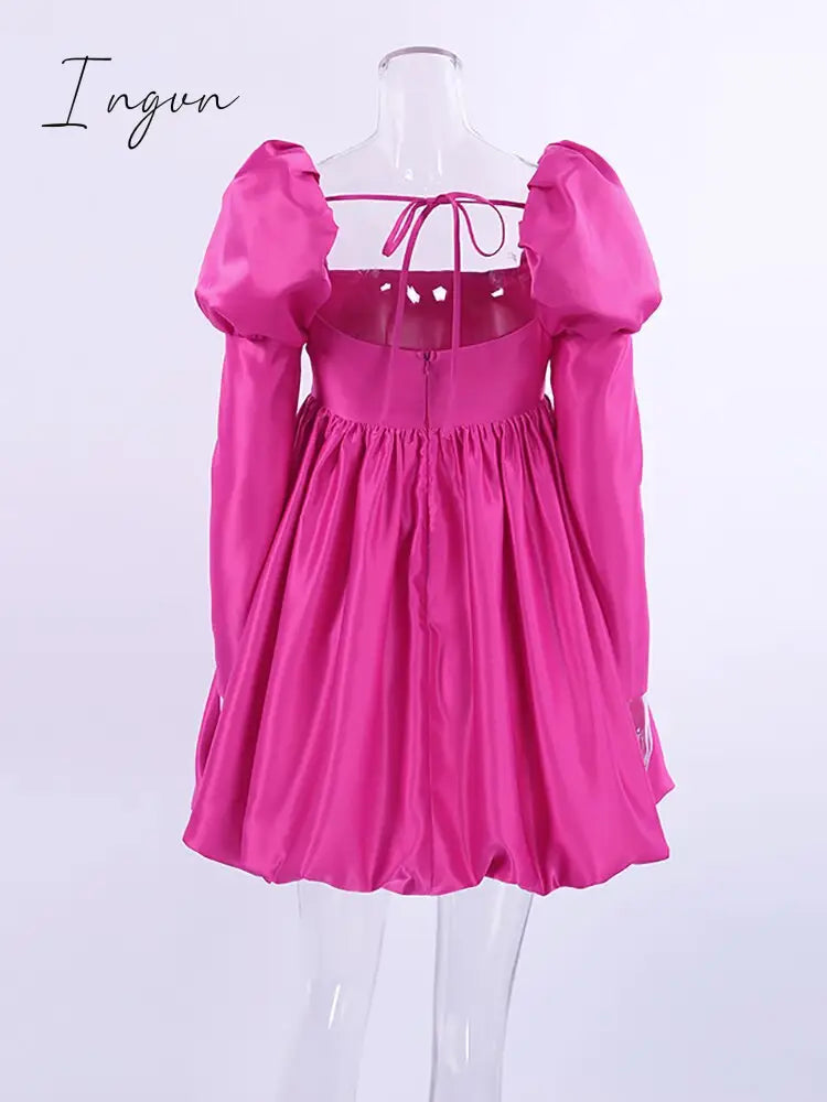 Ingvn - New Fashion Puff Sleeves Woman Party Dress Evening Chic Square Collar Ball Gown Dress Short Beige Satin Dresses Pleated Ladies