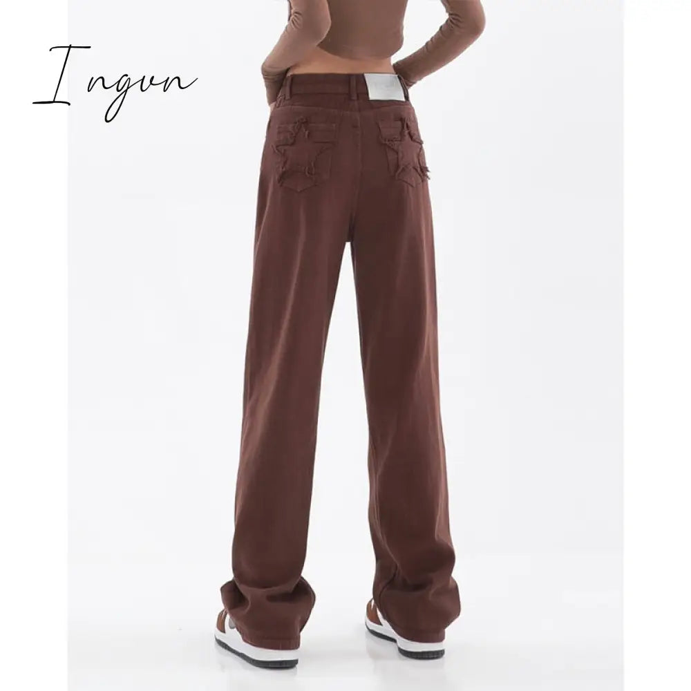 Ingvn - Women's Khaki Wide Leg Jeans Star Pocket Vintage Straight Pants High Waist Baggy Streetwear Casual Brown Denim Trouser Ladies