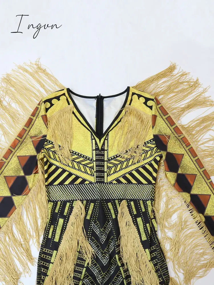Ingvn - Womens Sexy Bodycon Jumpsuit Vintage Printed Long Sleeve One Piece Outfits with Tassels Rhinestone Yellow Black Romper Clubwear