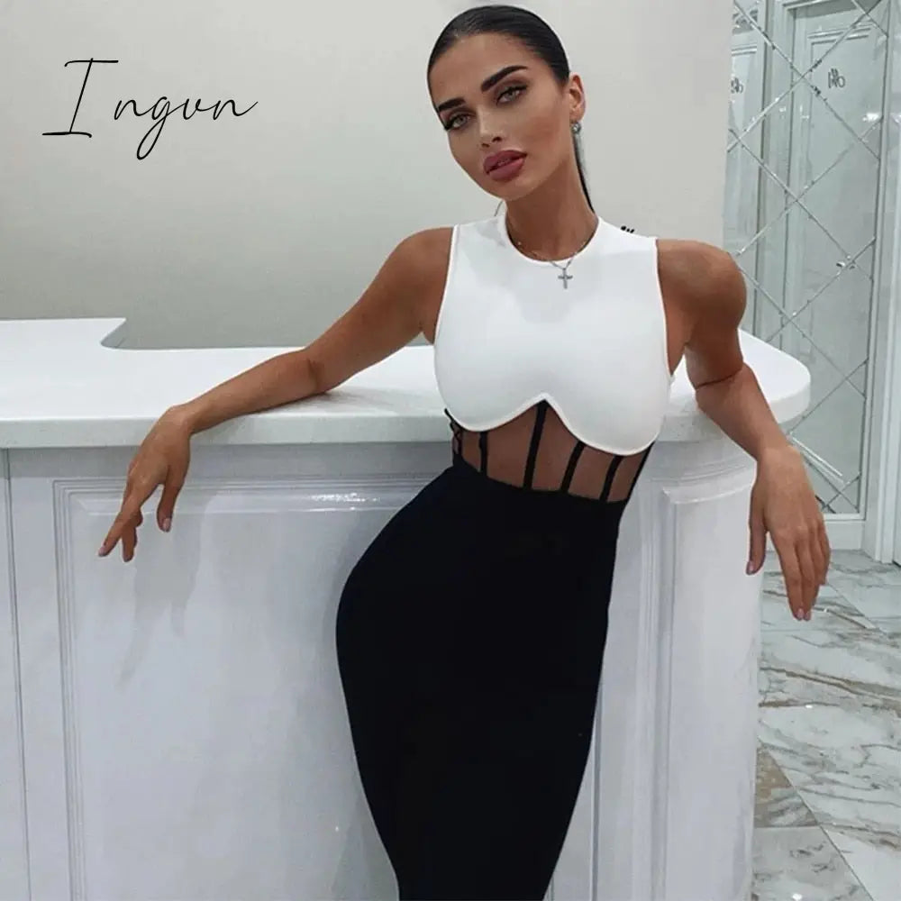 Ingvn - New Summer Tank Bodycon Club Bandage Dress Women Sexy Sleeveless Black Lace Midi Celebrity Evening Runway Party Dress