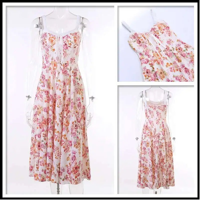 Print Slim Bodycon A-line Dress Women Spaghetti Strap 2023 Summer Dress Midi Long Split Nightclub Sexy Party Dresses