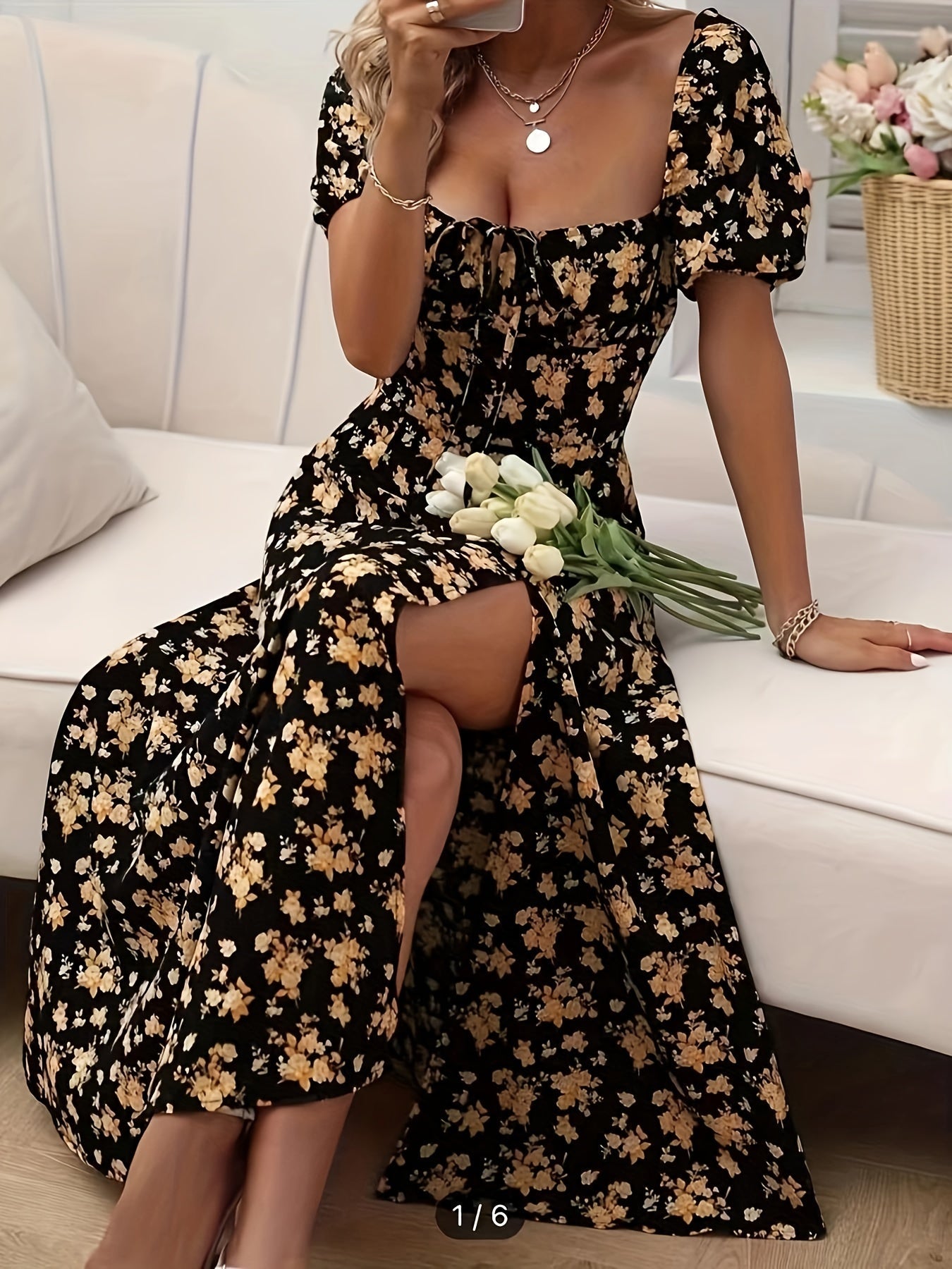 Elegant Floral Puff Sleeve Dress - Lightweight, Split Hem A-line for Spring & Summer Occasions