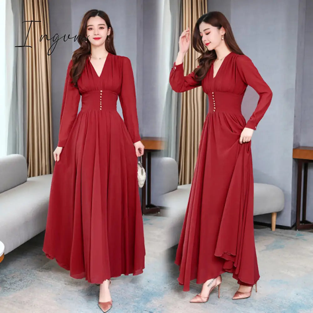 Ingvn - Vintage Elegant Solid Women's Party Chiffon High Quality V-Neck Slim Female Long Sleeve Autumn Vestidos Long Dresses Robe