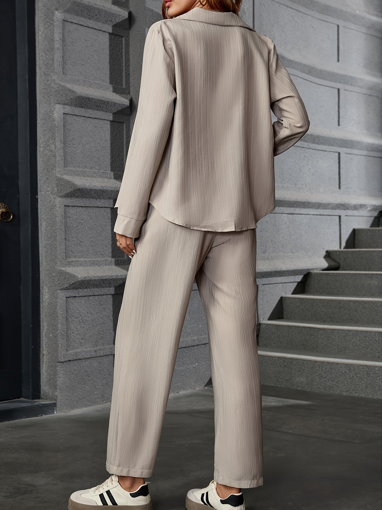 Stylish Solid Color Pantsuits - Women's Clothing - Long Sleeve Button Front Collared Shirt, Elastic Waist Wide Leg Pants, Comfortable Outfits for Daily Wear, Office, Party, and Casual Occasions