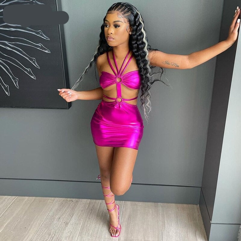 Voguable  Solid Sleeveless Bodycon Halter Hollow Out Sexy Mini Dress  Summer Women Fashion Streetwear Outfits Y2K