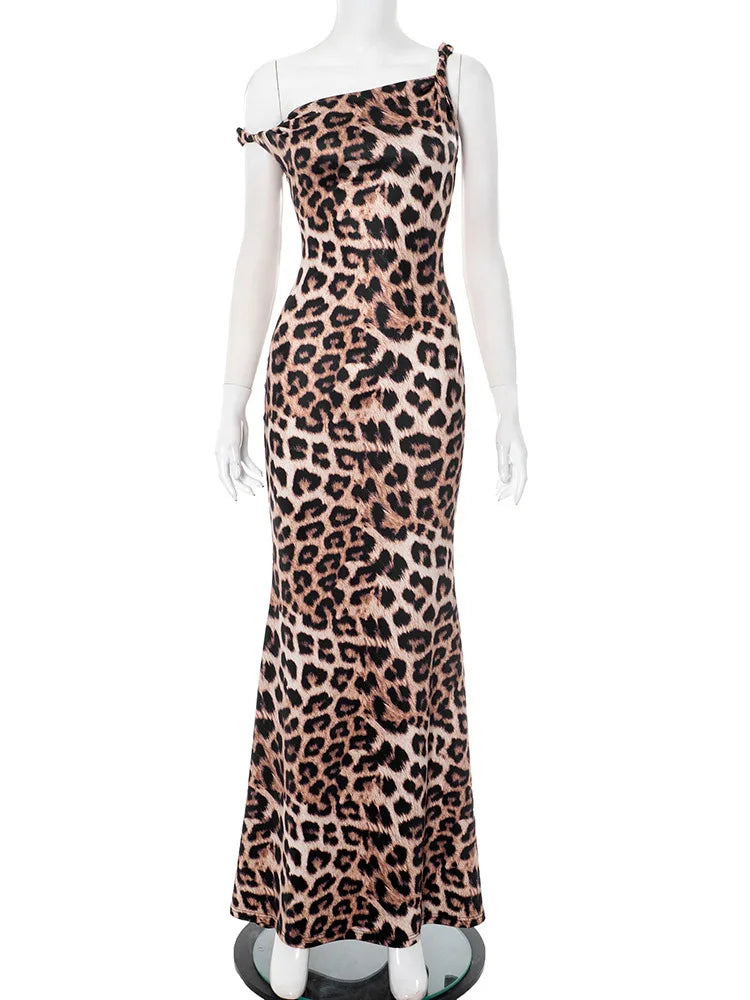 Leopard Print Incline Shoulder Sexy Maxi Dress Women Fashion Irregular Sleeveless Backless Club Party Long Dress