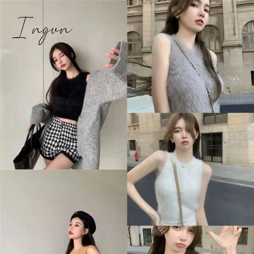 Ingvn - Sexy Plush Crop Tops Women Vintage Y2k Clothes Knitted Tank Top Sleeveless Club Party Outfits Korean Fashion New