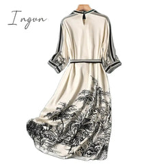Ingvn - Apricot Striped Print Chiffon Vintage Lace Up Long Sleeve A-Line Women's Dress Korean Fashion Mid-Calf Dresses For Women 2023