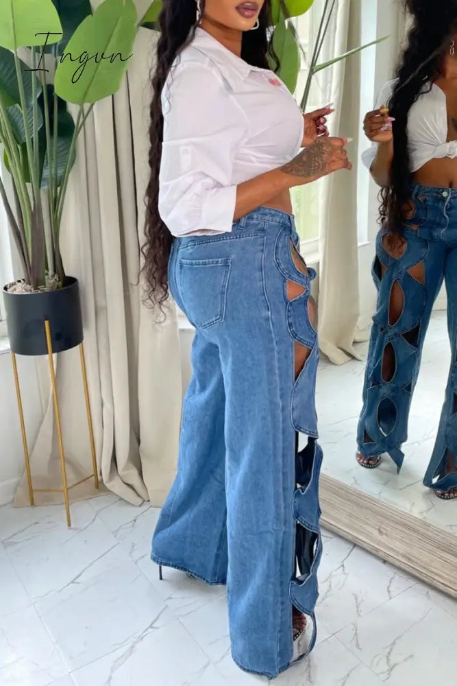 Ingvn - Casual Solid Hollowed Out Patchwork High Waist Regular Denim Jeans