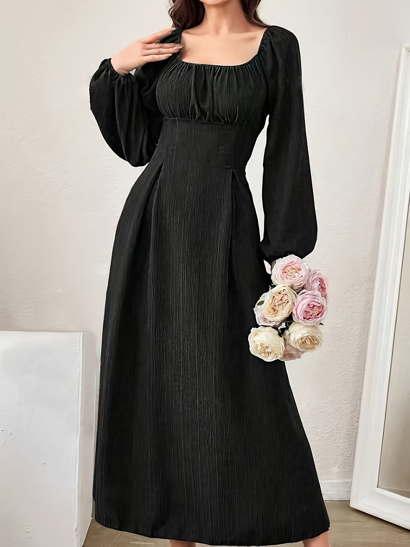 Stunning Textured Cross Tie Lantern Sleeve Midi Dress - Elegant Square Neck, Drawstring Waist, Semi-Sheer, Solid Color, Polyester, Machine Washable, Customized Fitted Design for Women - Perfect for Spring and Fall Seasons
