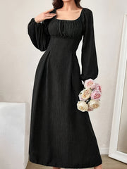 Stunning Textured Cross Tie Lantern Sleeve Midi Dress - Elegant Square Neck, Drawstring Waist, Semi-Sheer, Solid Color, Polyester, Machine Washable, Customized Fitted Design for Women - Perfect for Spring and Fall Seasons