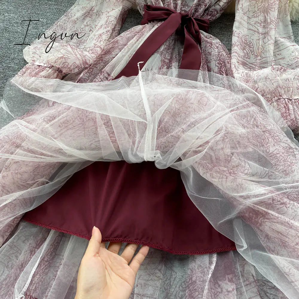 Ingvn - Elegant Women Mesh Dress Vintage Lantern Sleeves Printed Party Dresses Spring Summer Patchwork A Line Bandage Beach Dress