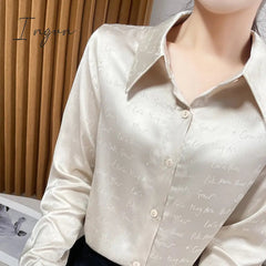 Ingvn - 2023 Spring And Summer New High-Eend Silk Letter Jacquard Shirt Women's Fashion Light Luxury Cardigan Top. Acetate Satin Finish