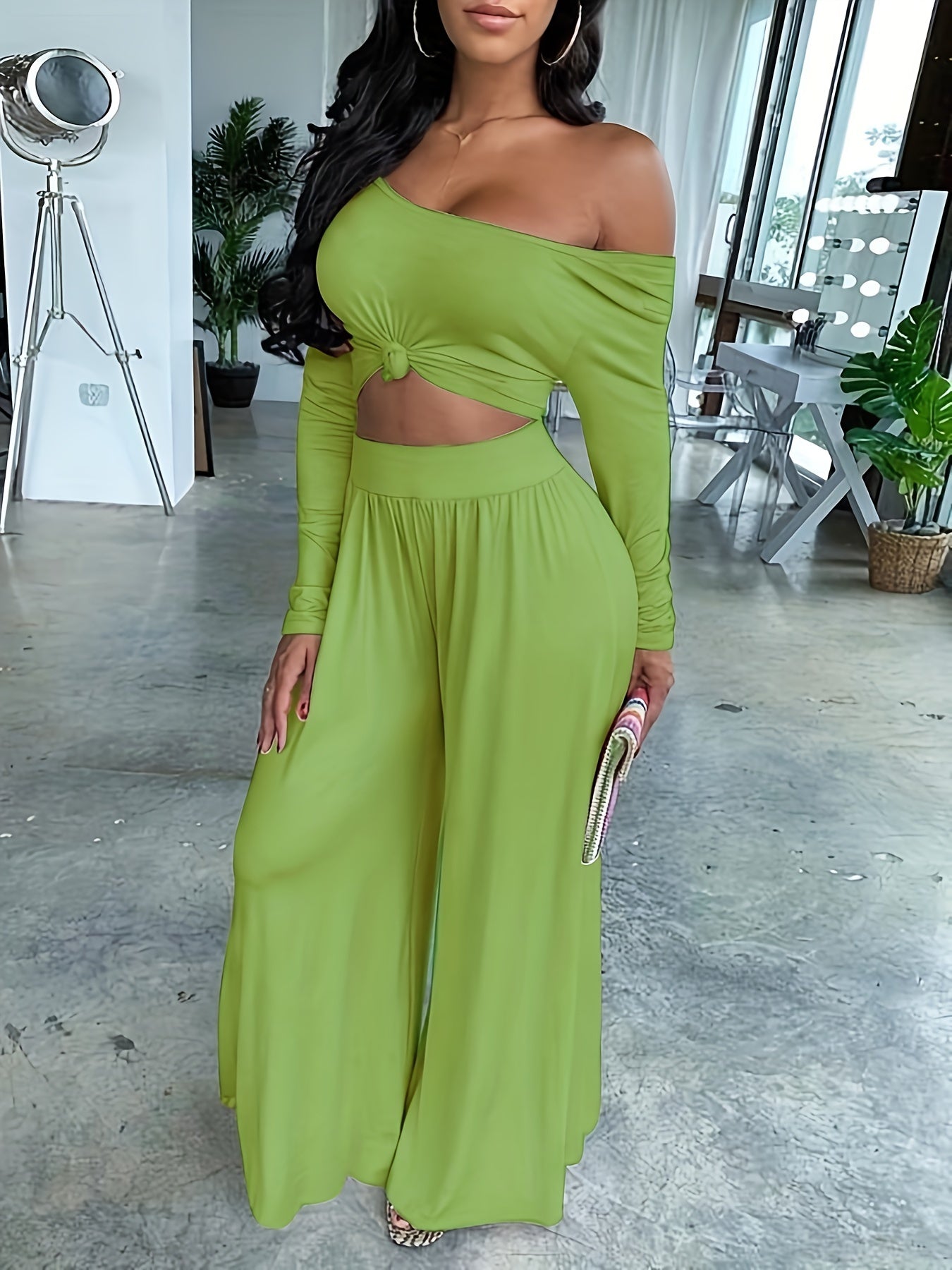 Long Sleeve Two-piece Set, Casual Solid Crop Top & Wide Leg Pants Outfits, Women's Clothing
