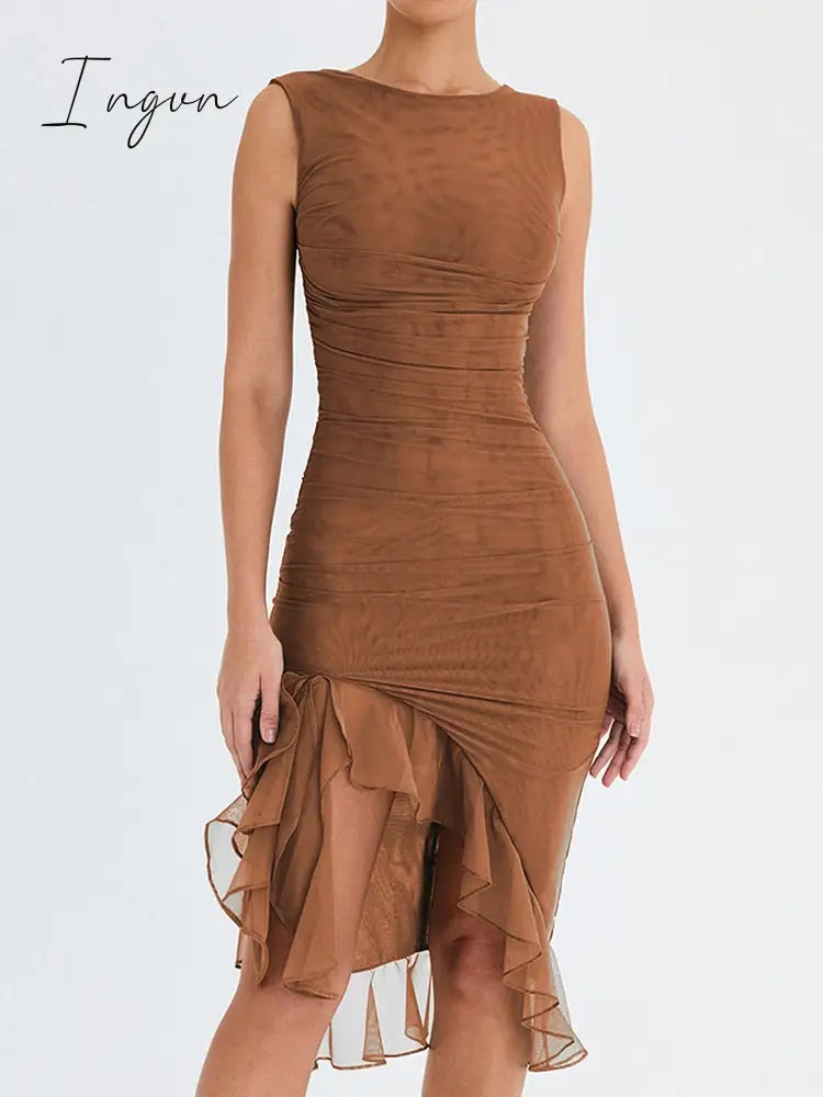 Ingvn - Elegant Ruffle Ruched Midi Dress For Women Robe Summer New Backless Sleeveless Irregular Club Party Sexy Dress Vestido