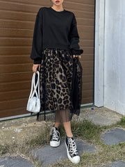 [Leopard Print Crew Neck Dress] Leopard Print Crew Neck Dress, Elegant Long Sleeve Mesh Stitching A-line Dress for Spring & Fall, Women's Clothing
