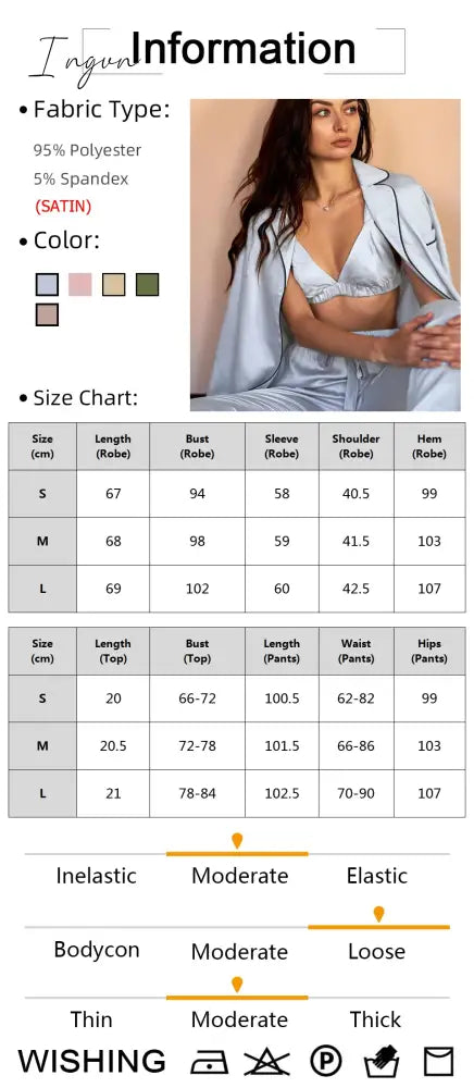 Ingvn - Fashion Solid Color Satin Robe Set With Bra Sexy Pajamas Set Female Home Suit For Women Pajama Spring Long Sleeve Sleepwear
