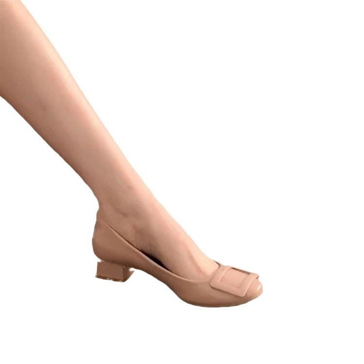 Naked Pink Single-layer Shoes Women's New Spring Classic Square Buckle Patent Leather All-match Thick Heel Commuter Women's Shoes Round Toe Shallow Mouth