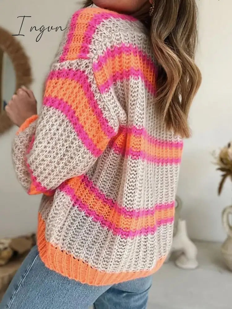 Ingvn - Women's Cardigan Sweater Jumper Chunky Knit Button Color Block V Neck Stylish Casual Outdoor Daily Fall Winter Blue Fuchsia One-Size