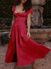 Ingvn - Elegant Puff Sleeve Midi Dress Women Square Collar Backless A-line Loose Dresses Female French Retro Fashion Long Dress