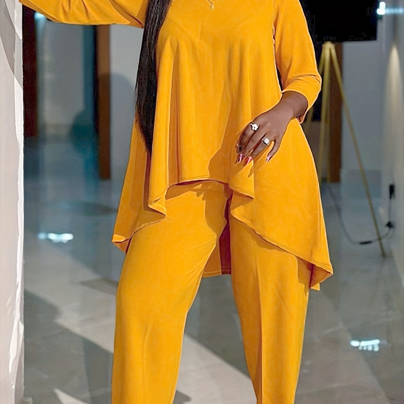Plus Size Casual Outfits Two Piece Set, Women's Plus Solid Long Sleeve Round Neck Tunic Top & Pants Outfits 2 Piece Set