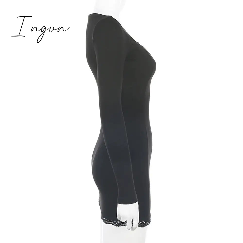 Ingvn - Women Winter Dress Women New Arrivals Sexy Long Sleeve Lace Split Black White Solid Party Dresses Vestidos
