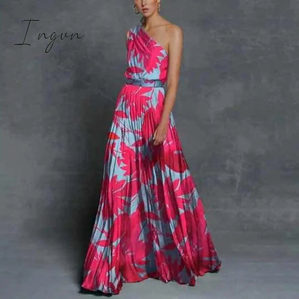 Ingvn - Summer Black Patchwork Inclined Off One Shoulder Women Dresses Contrast Color High Street Night Club Long Party Dress Clothing